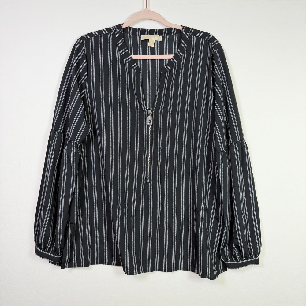 MICHAEL KORS Black White Striped Half Zip Bishop Sleeve‎ Blouse XL